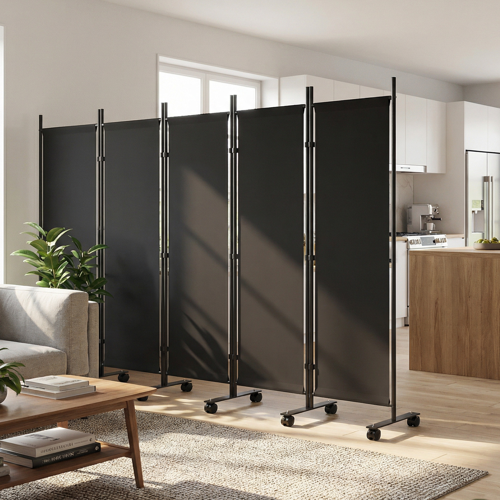 Biombo Plegable de 5 Paneles con 12 Ruedas, 252x170 cm, Biombo Separador de Ambientes con Clips de Conexión para Montaje Personalizado, para Salón u Oficina, Negro
