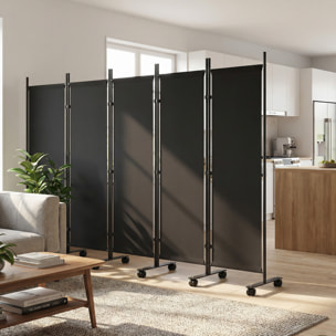 Biombo Plegable de 5 Paneles con 12 Ruedas, 252x170 cm, Biombo Separador de Ambientes con Clips de Conexión para Montaje Personalizado, para Salón u Oficina, Negro