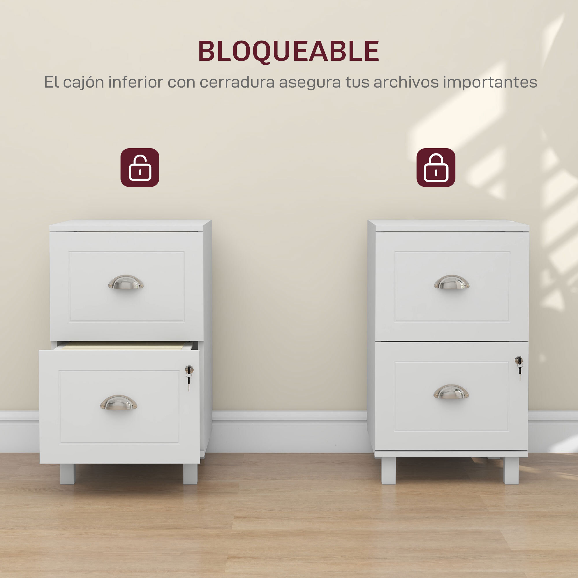 Cajonera de Oficina Mueble Archivador con 2 Cajones Cajonera para Escritorio con Cerraduras Carpetas Suspendidas para A4 y Carta 40x41,5x67,5 cm Blanco