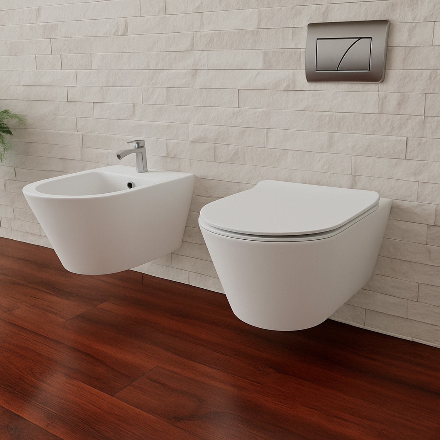 Coppia Sanitari Sospesi Vaso WC Rimless Con Tornado Flush E Bidet Sospeso Moderno Tondo In Ceramica Con Copriwater Chiusura Soft Close Bianco Opaco