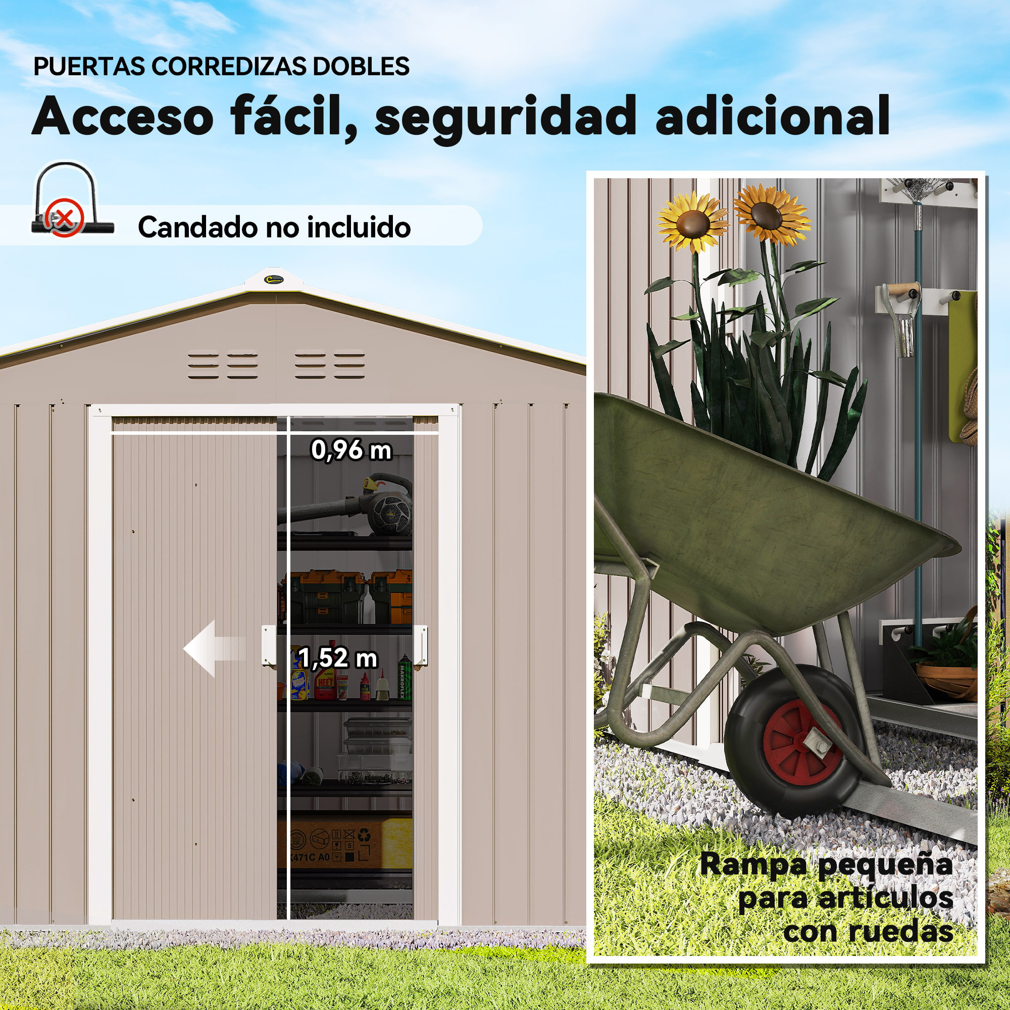 Caseta de Jardín Exterior, 4,9 m² 277x195x192 cm, Cobertizo de Jardín Exterior Metálico con Techo de Fibra de Vidrio, Puerta Corredera, Base Refuerzo (Suelo NO Incluido) y Ventanas Gris Claro