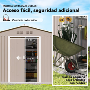 Caseta de Jardín Exterior, 4,9 m² 277x195x192 cm, Cobertizo de Jardín Exterior Metálico con Techo de Fibra de Vidrio, Puerta Corredera, Base Refuerzo (Suelo NO Incluido) y Ventanas Gris Claro