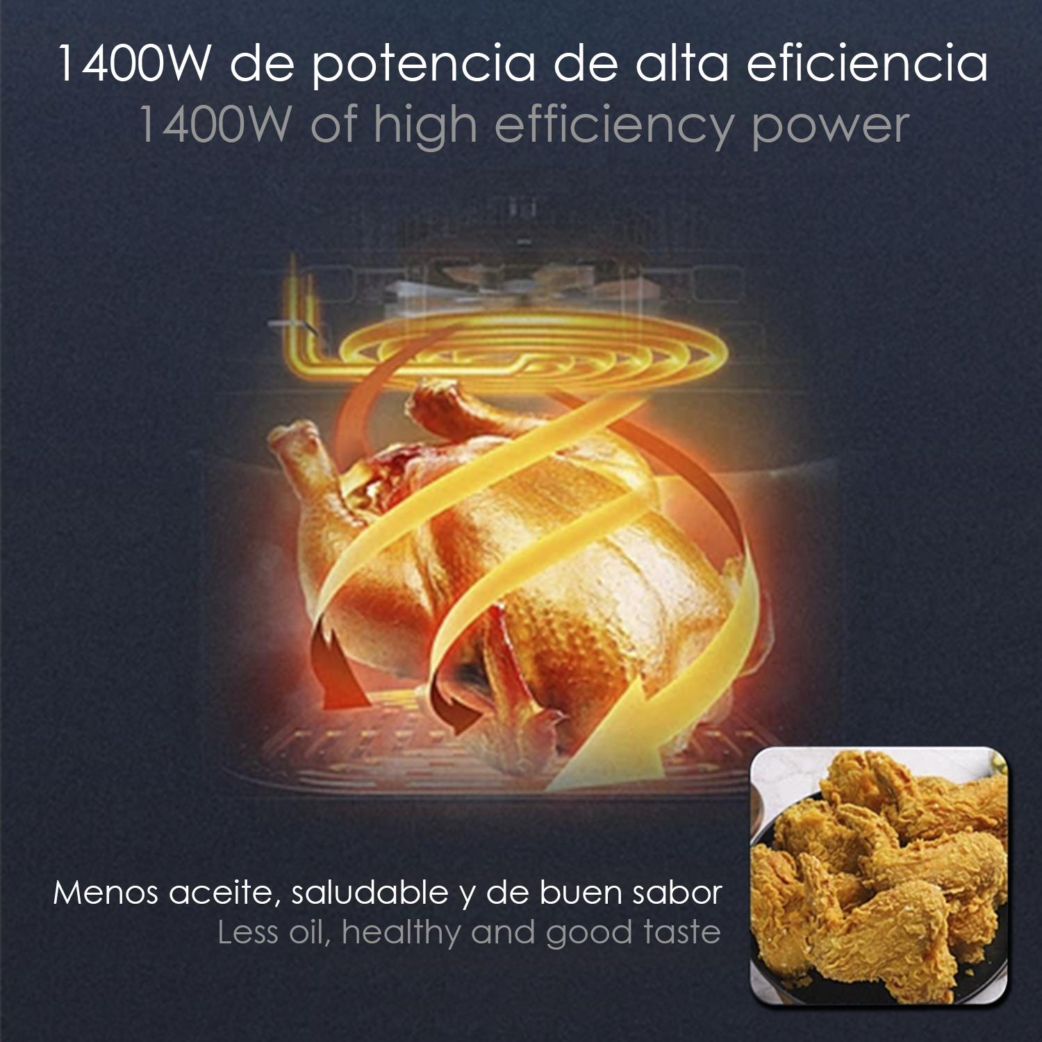 Freidora horno 6 en 1 convección 1400w, 13L. Multifunción freidora, vaporera, grill, pinchos... Bol de cristal con tapa, sistema de circulación de aire 360 grados.