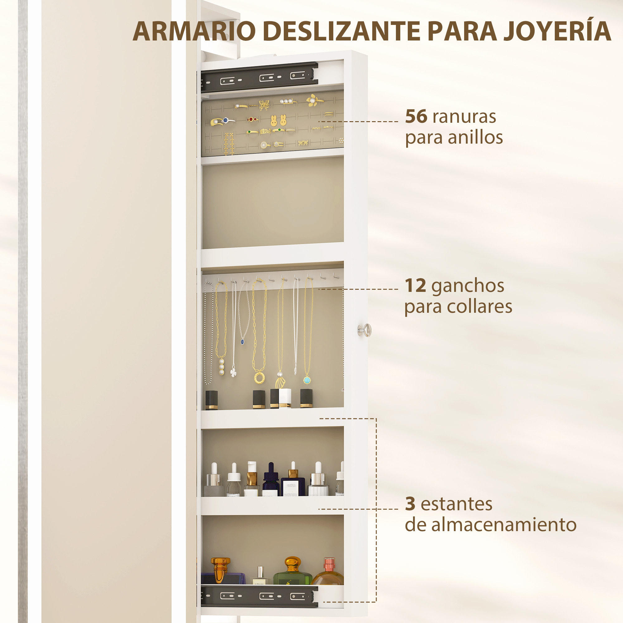 Espejo Joyero con Luces LED, Armario para Joyas, Armario Joyero con Espejo Entero, Perchero, Giratorio de 360°, Estantes Abiertos, Barras para Colgar, Blanco