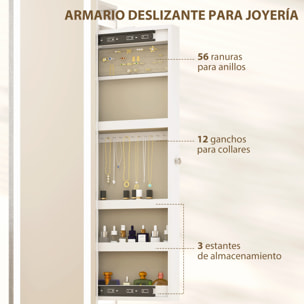 Espejo Joyero con Luces LED, Armario para Joyas, Armario Joyero con Espejo Entero, Perchero, Giratorio de 360°, Estantes Abiertos, Barras para Colgar, Blanco