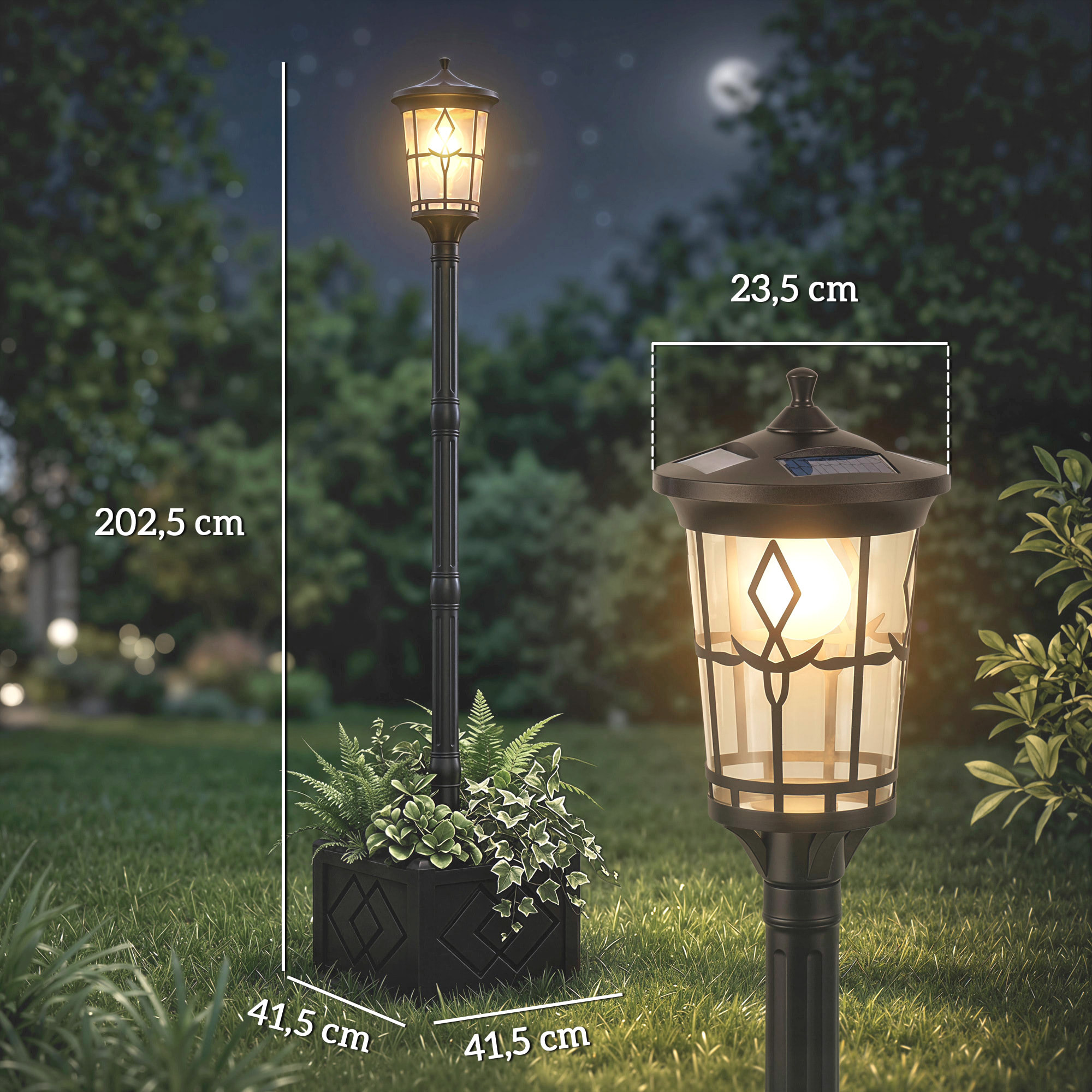 Farola Solar Exterior de Jardín con Macetero, Luz Solar de Exterior LED, 2 Modos de Brillo 100/50 lm, Impermeable IP44, Encendido/Apagado Automático, para Terraza, Patio, 41,5x41,5x202,5 cm