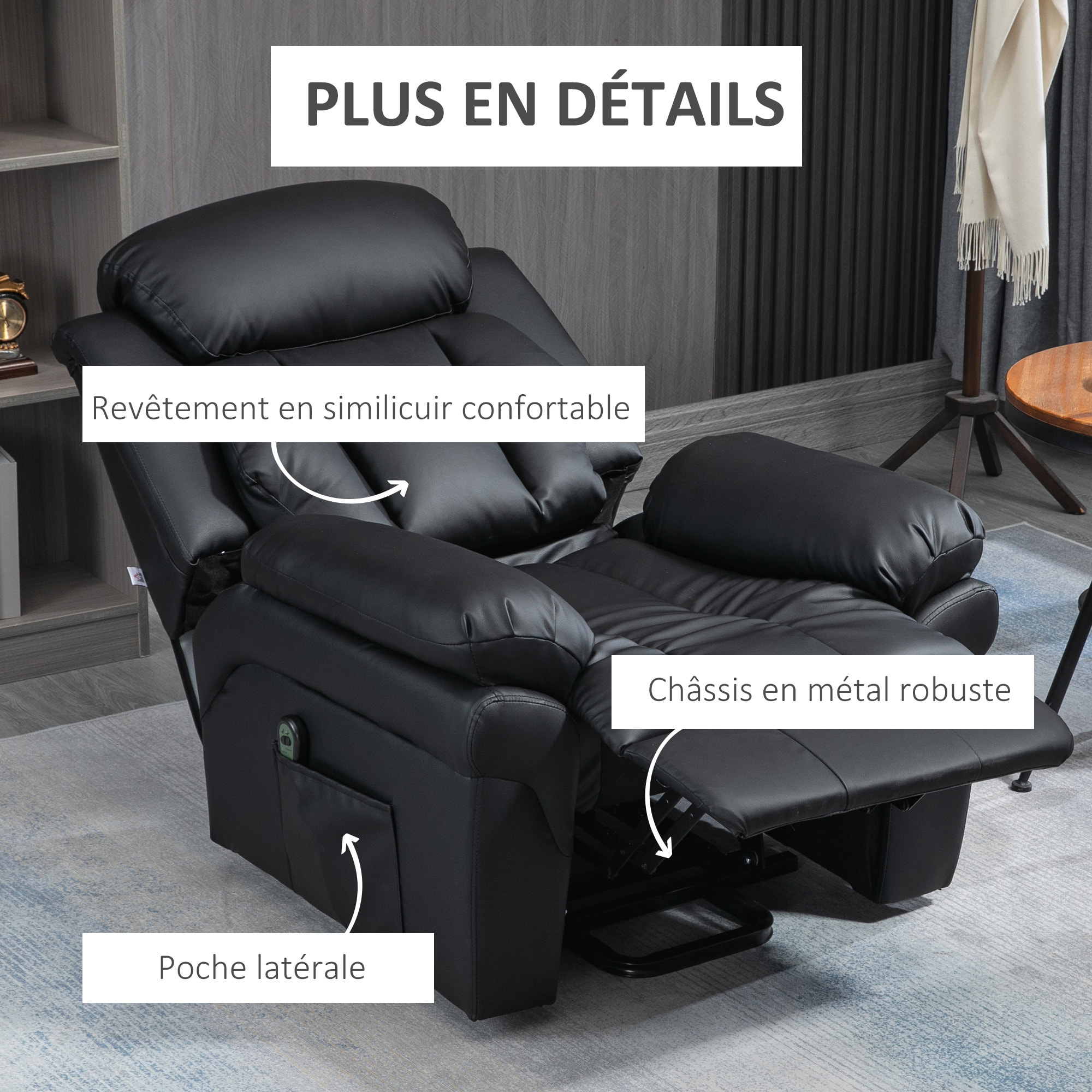 Fauteuil releveur inclinable avec repose-pied ajustable - fauteuil de relaxation électrique - revêtement synthétique noir