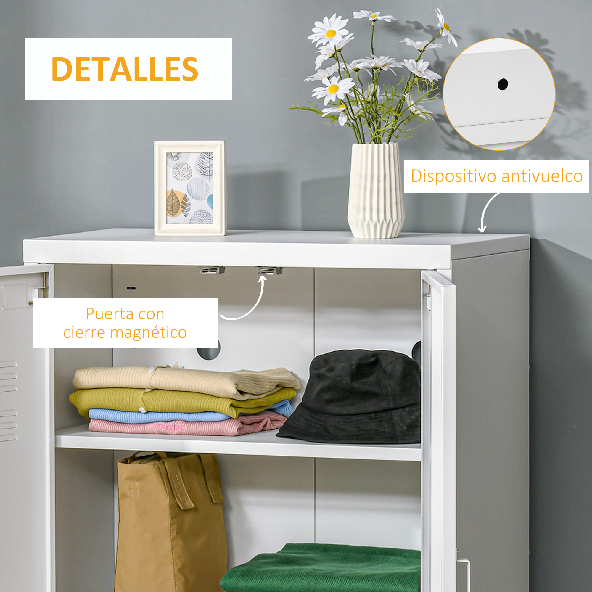 Armario de Almacenamiento Aparador de Metal con Doble Puerta Cierre Magnético y 2 Estantes Ajustables para Oficina Salón Dormitorio 75x33x110 cm Blanco