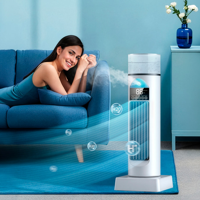 Ventilador sin aspas de sobremesa BYM-907S. Con función de nebulización, 6 velocidades y temporizador de hasta 6 horas. Depósito de 100 ml y luz ambiental de 7 colores. Incluye control remoto.