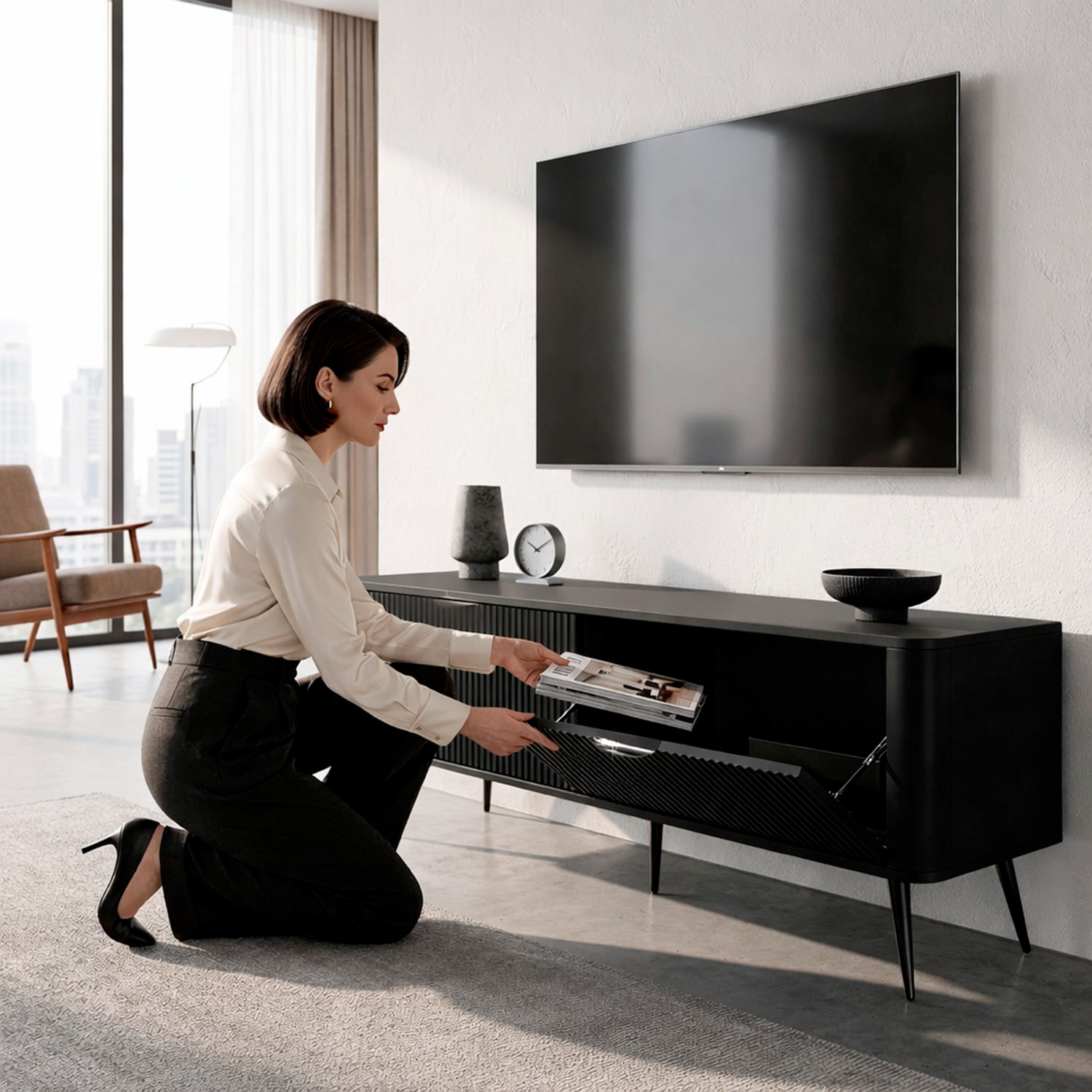 Mobile Porta TV Moderno Con 2 Ante a Ribalta Cannettate Mobiletto Contenitore Design Moderno Soggiorno Salotto Living Home 163.2 x 38 x 51.2 Cm Nero