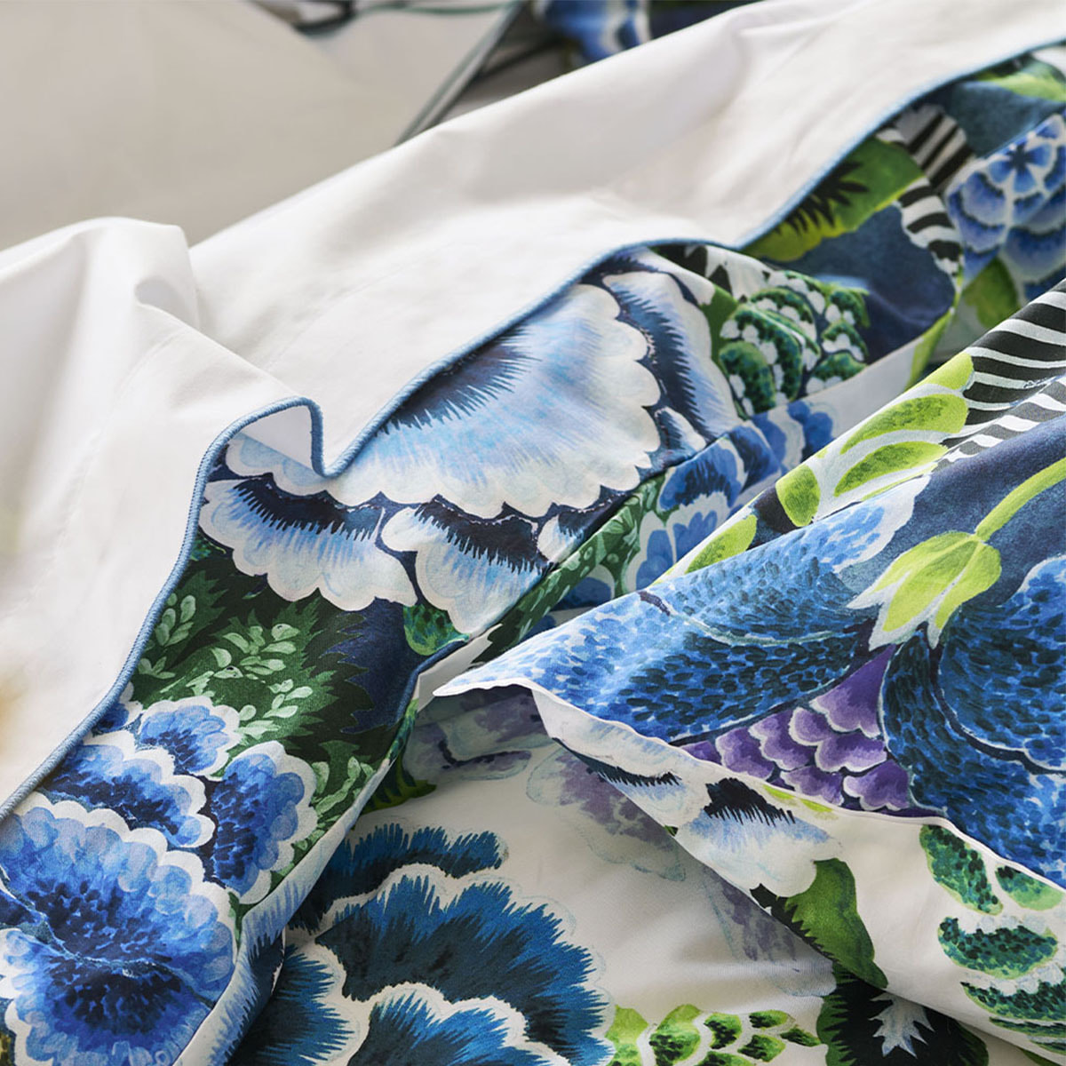 Housse de couette imprimée en percale de coton, ROSE DE DAMAS, Bleu indigo