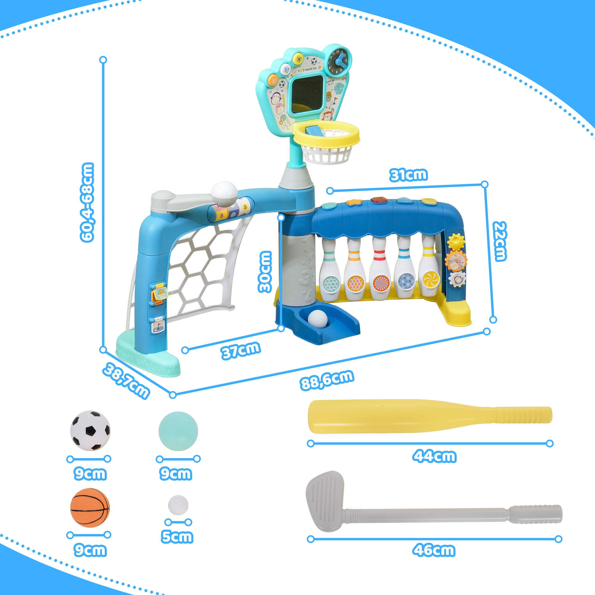 Jeux sportifs 5 en 1 enfant 18-48 mois - foot, basket, golf, baseball, bowling - effets lumineux sonores bleu