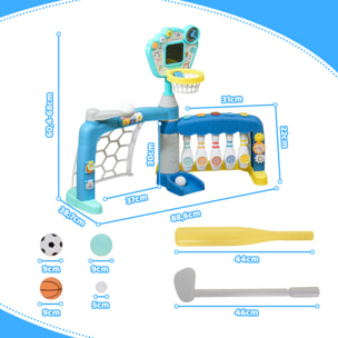 Jeux sportifs 5 en 1 enfant 18-48 mois - foot, basket, golf, baseball, bowling - effets lumineux sonores bleu