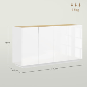 Buffet design contemporain blanc laqué plateau aspect bois clair - dim. 140L x 40l x 75H cm - 4 portes, 2 étagères
