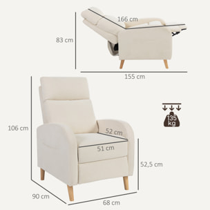 Sillón Relax Reclinable Manual Sillón Relax Tapizado en Lino Sintético con Reposapiés y Bolsillo Lateral Carga 135 kg Sillón Reclinable para Dormitorio Oficina Crema