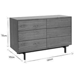 Commode vintage bois foncé noyer et métal noir 6 tiroirs L120 cm MANNY
