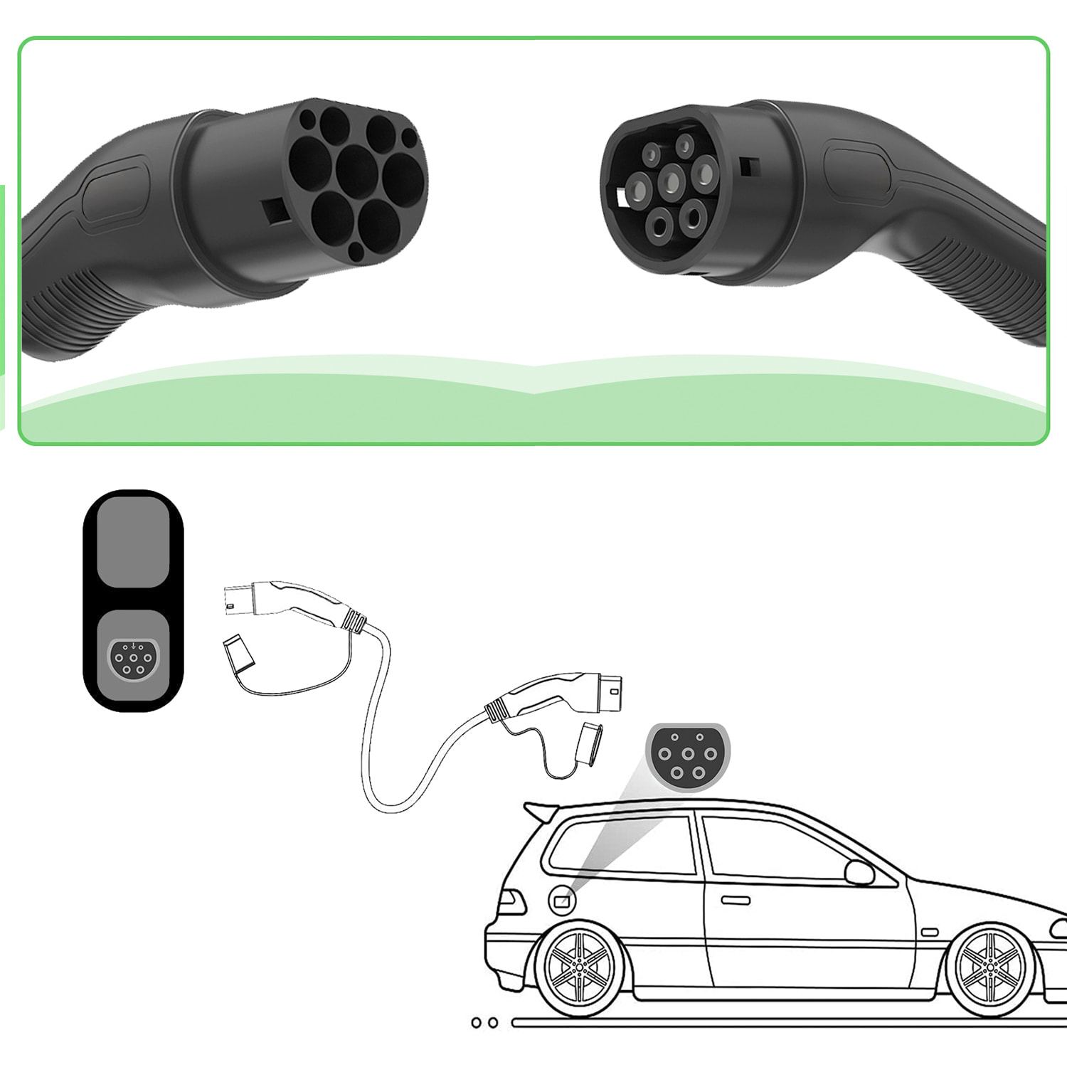 Cable de carga monofásico para vehículos eléctricos de Tipo 2 a Tipo 2. Con 32A y 7KW de potencia.