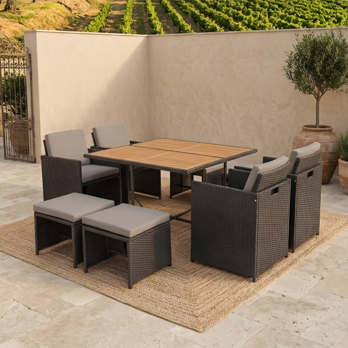 Salon de jardin 8 pl en acacia et résine noir + housse CASCO