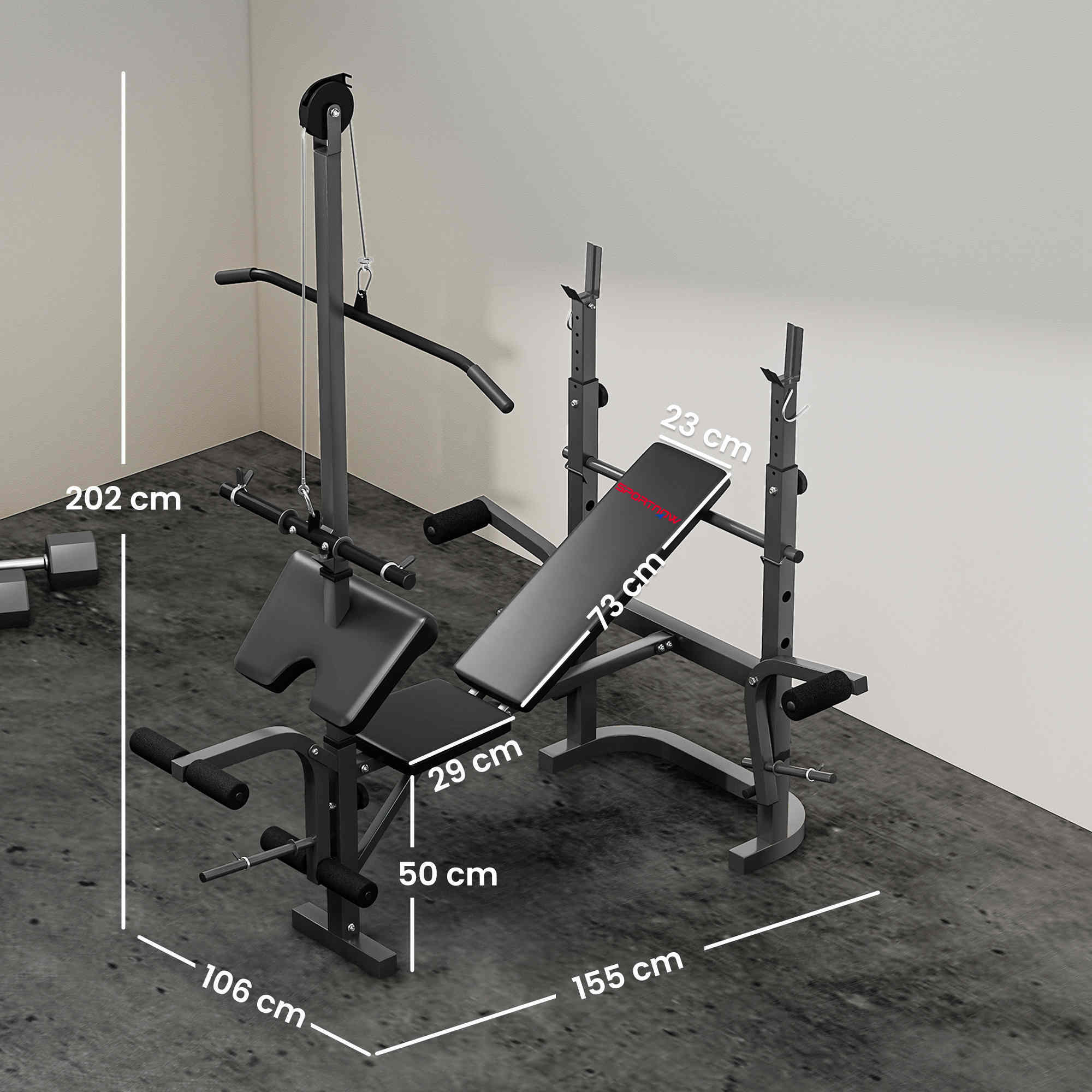 Banco de Musculación Multifuncional Inclinable, Banco de Pesas, Press Banca con Soporte para Barra Ajustable, Extensión Piernas, Curl de Predicador, Mariposa, Entrenamiento en Casa, Gimnasio