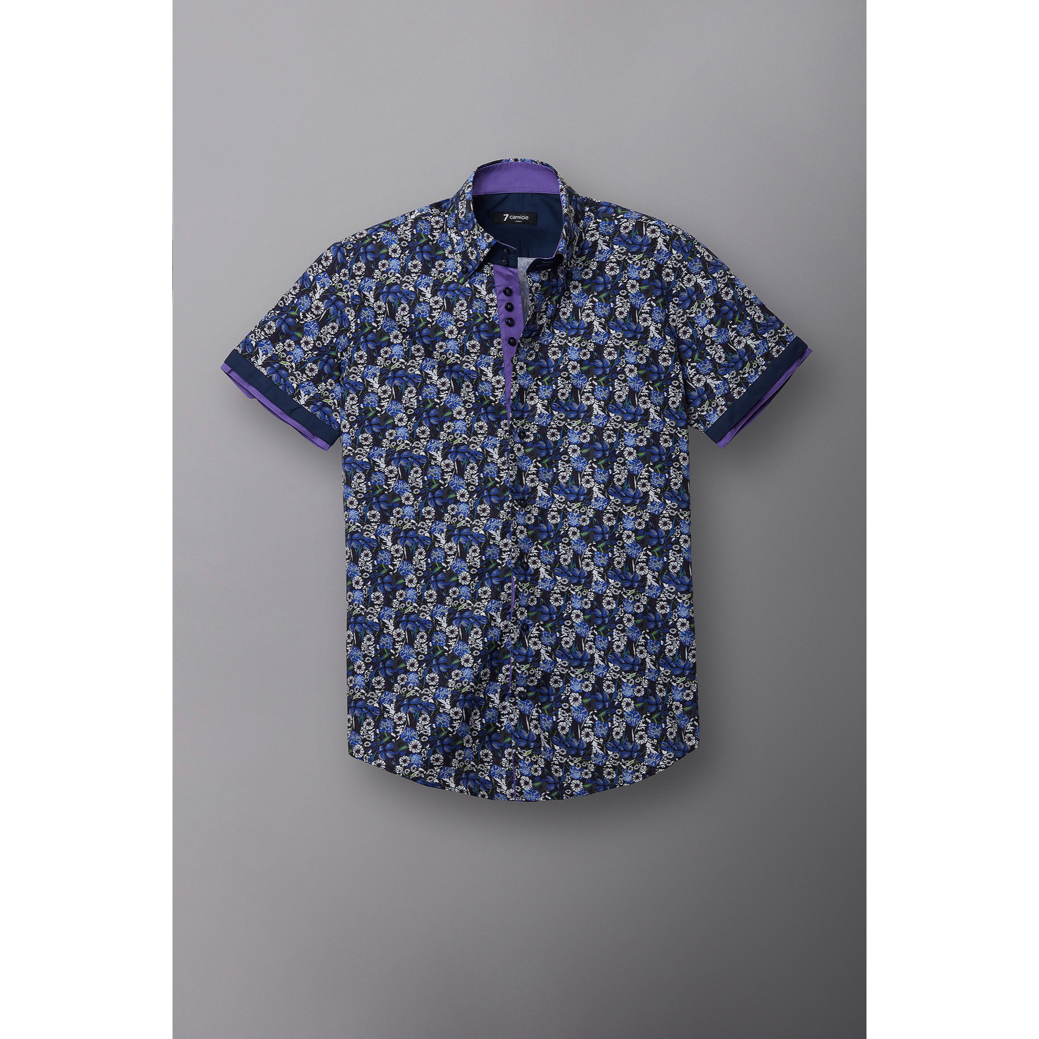 Camicia Uomo Manica Corta 2 Bottoni Button Down 7 Botto Popeline Stampato Blu\Bianco