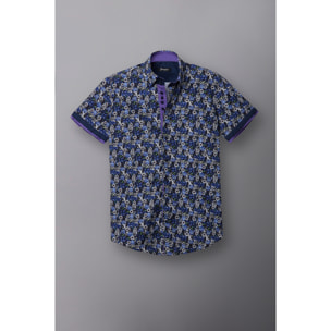 Camicia Uomo Manica Corta 2 Bottoni Button Down 7 Botto Popeline Stampato Blu\Bianco