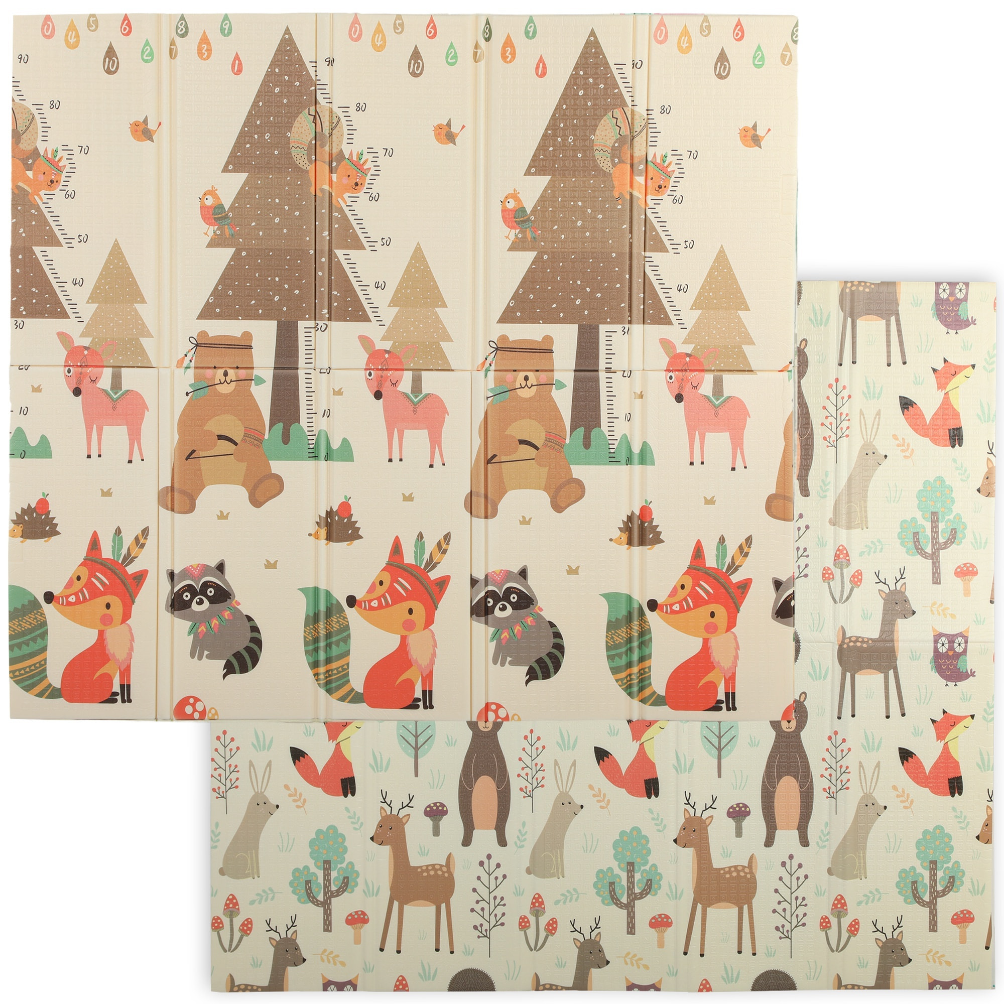 Tapis d'éveil bébé pliable épais réversible dim. 196 x 176 x 1,5 cm motifs animaux et forêts