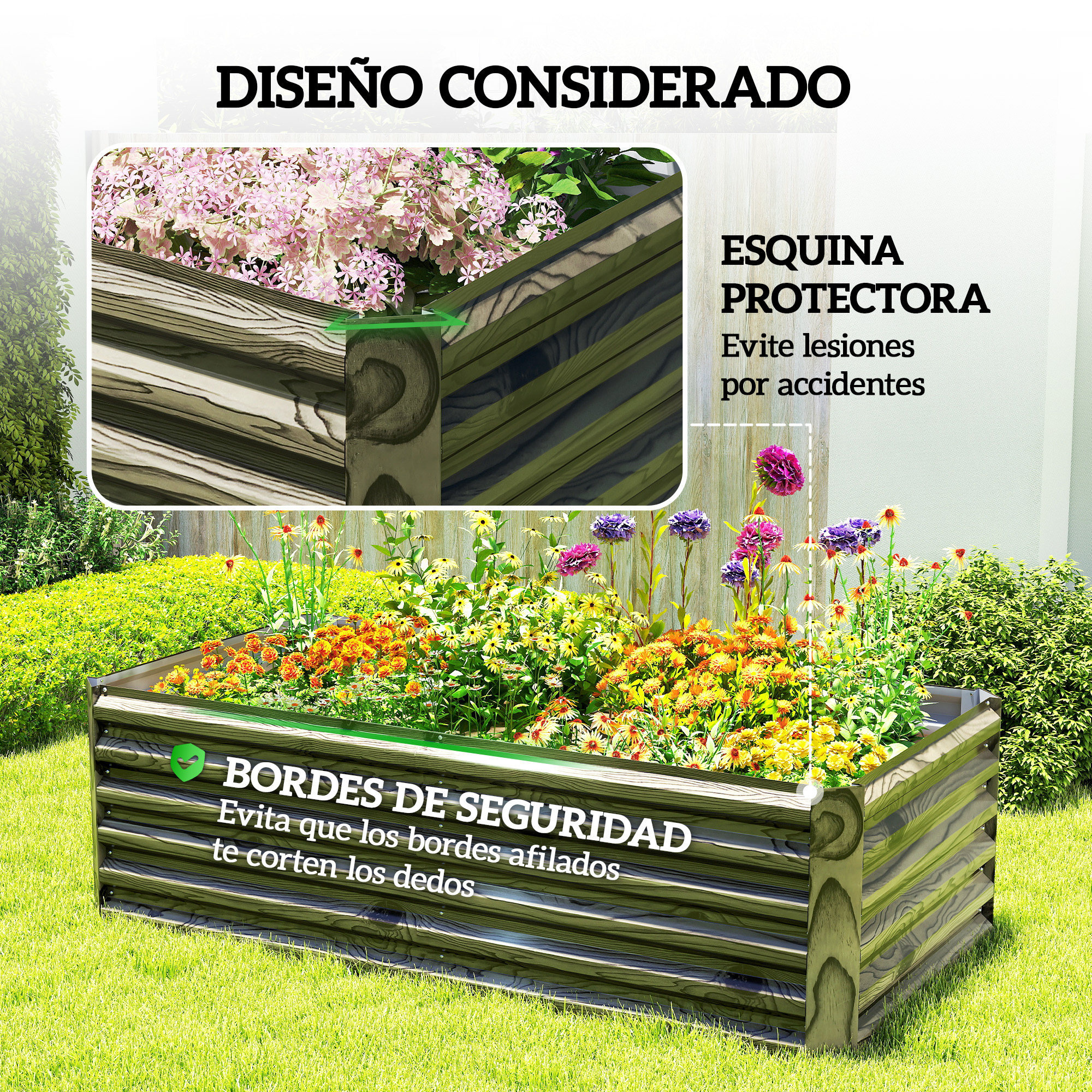 Jardinera Exterior Grande Rectangular de Acero Galvanizado, Huerto Urbano para Cultivar Plantas, Macetero Grande Exterior con Base Abierta, Resistente a la Intemperie, 180x90x57,5 cm, Natural