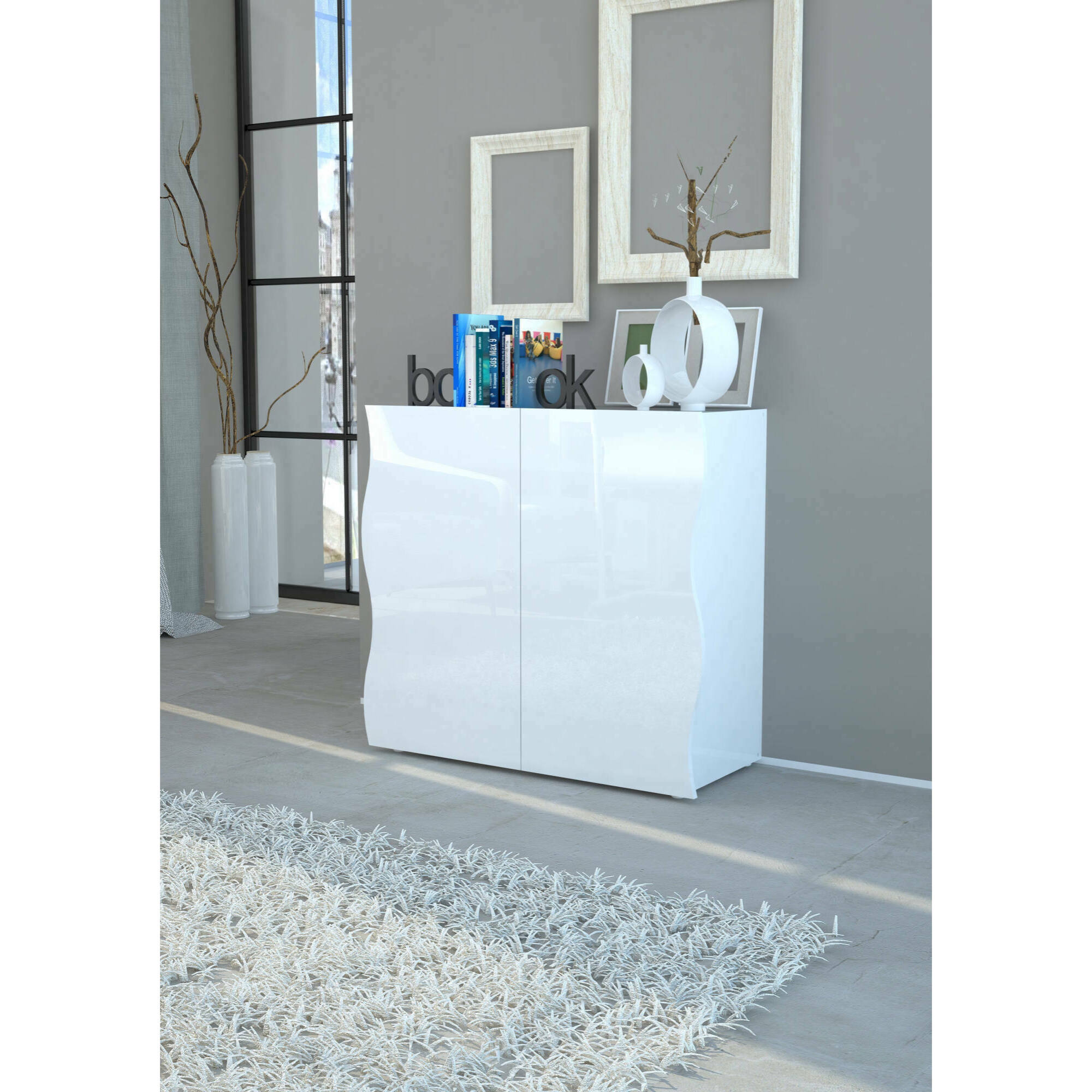 Credenza moderna, Madia di design Mobile a 2 ante, Made in Italy, Mobile Porta TV, Buffet da soggiorno, cm 90x40h81, colore Bianco lucido