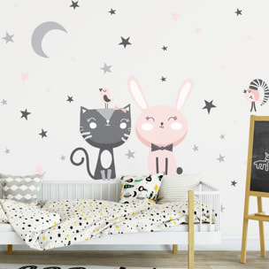 Stickers muraux | Sticker Mural Autocollant - CHAT, LAPIN ET OISEAUX DANS LES ÉTOILES - Stickers adhésifs