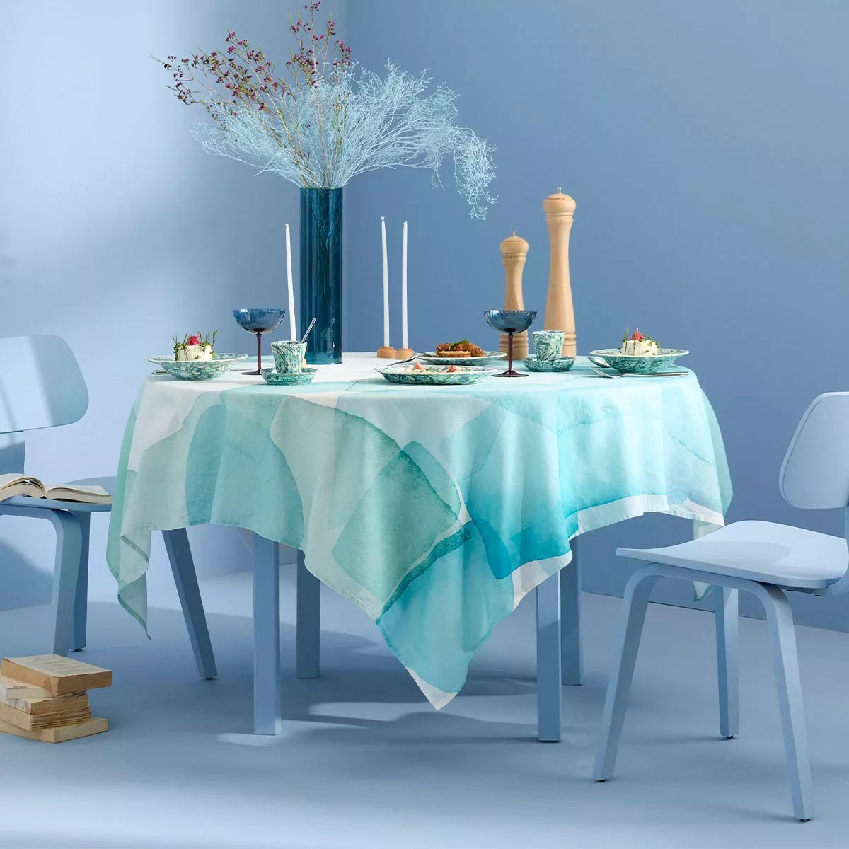 Nappe lin & coton lavé 150 g/m² imprimé bleu vert Aqua mineral
