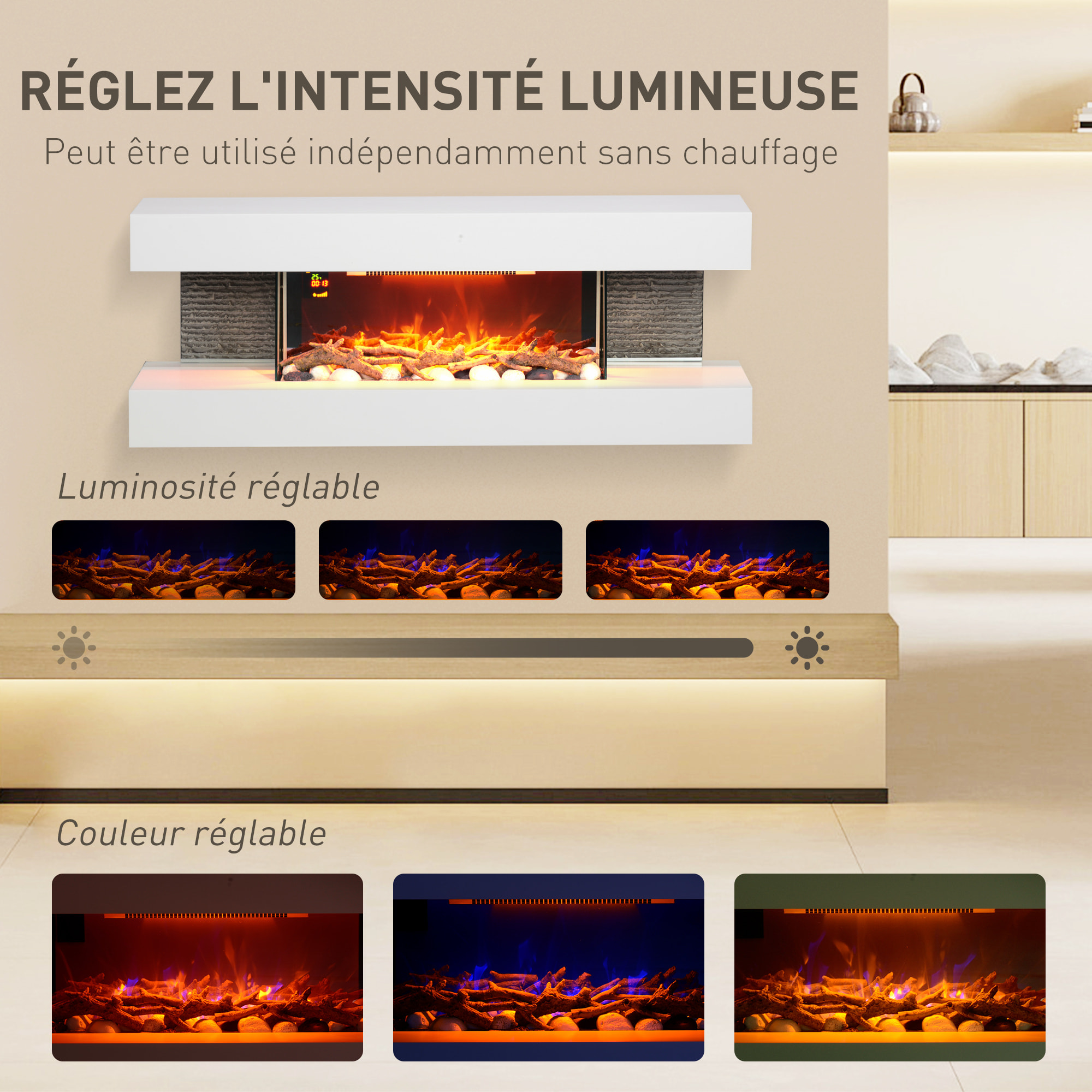 Cheminée électrique design contemporain 2000W effets flammes LED 3D dim. 119L x 30l x 45H cm éléments décoratifs télécommande inclus blanc