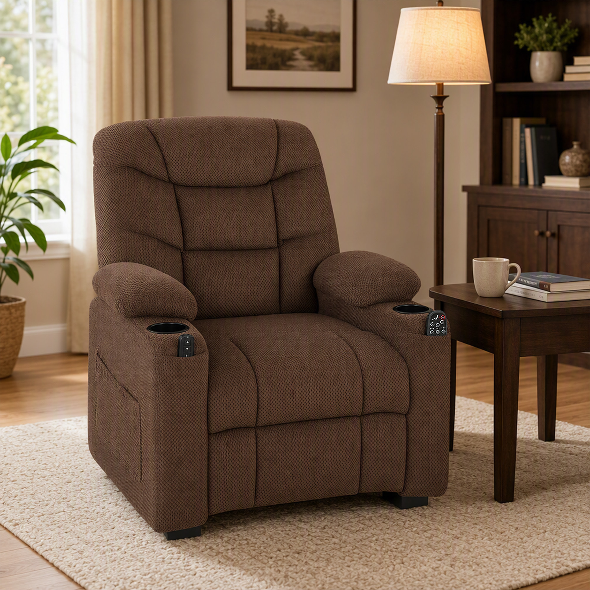 Sillón Relax Reclinable Eléctrico con Calor Lumbar y Masaje Vibración, Sillón Masaje Relax, Motor Silencioso, Función Memoria, Asiento Ancho, Bolsillos, Portavasos, USB, Tela Terciopelo, Marrón
