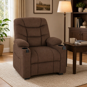Sillón Relax Reclinable Eléctrico con Calor Lumbar y Masaje Vibración, Sillón Masaje Relax, Motor Silencioso, Función Memoria, Asiento Ancho, Bolsillos, Portavasos, USB, Tela Terciopelo, Marrón
