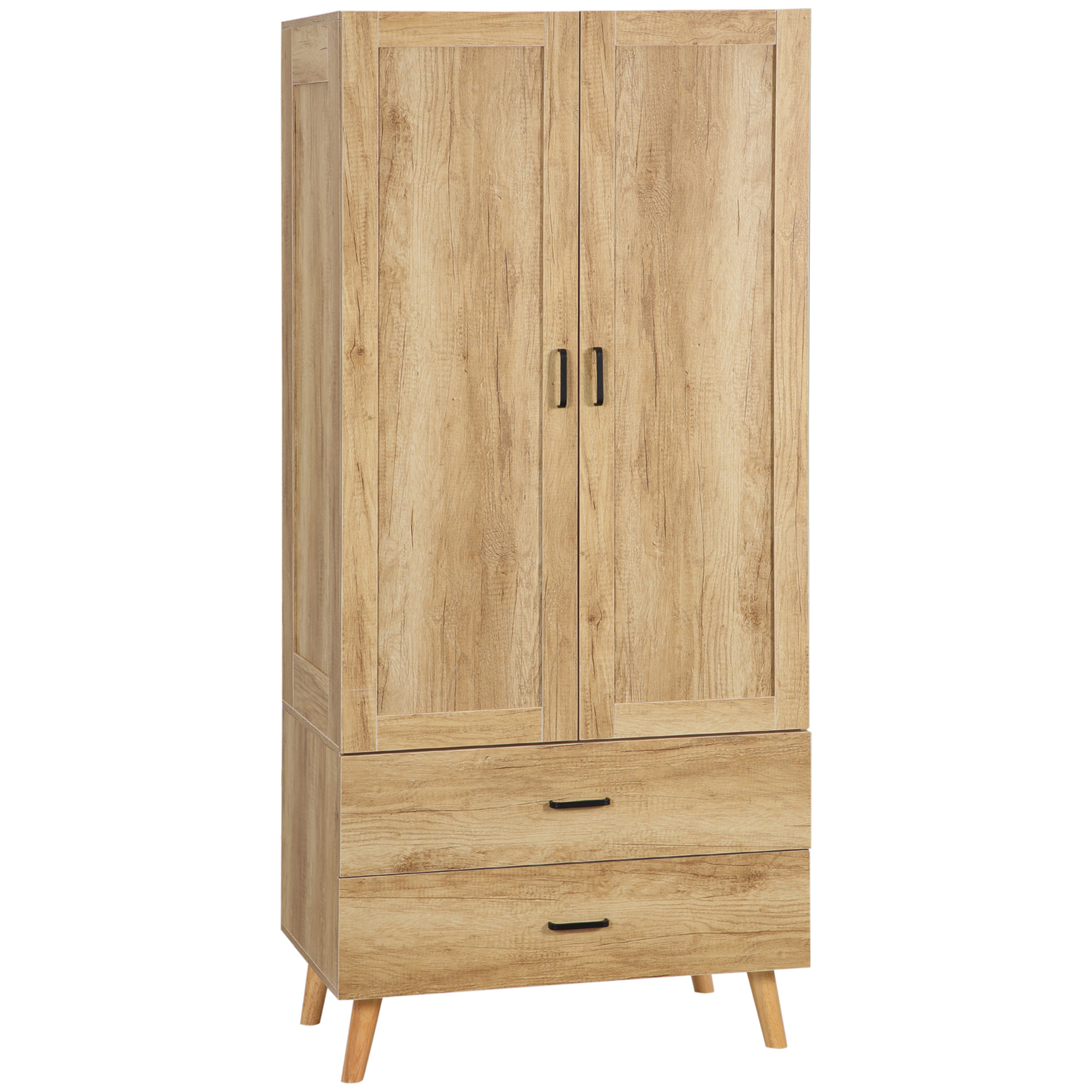 Armoire de rangement design scandinave - armoire de chambre - placard 2 portes avec penderie - 2 tiroirs - aspect chêne clair