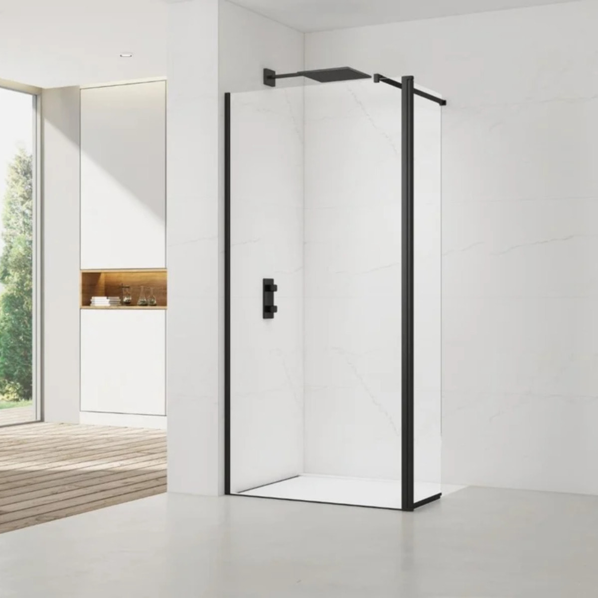 Walk-in 110x200cm Paroi et retour pivotant en verre Crystal Glass® 8 mm anticalcaire , avec bras et profilés noir mat