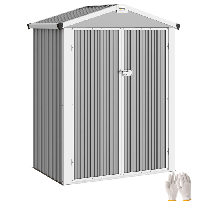 Caseta de Jardín Exterior 1,1 m², 133x87x178 cm, Cobertizo de Jardín Exterior Metálico con Puertas Correderas, Techo Inclinado y Guantes, para Almacenaje de Herramientas Bicicletas, Gris