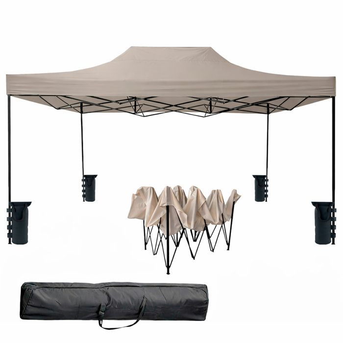 Gazebo Professionale 3x4.5 M Richiudibile Automatico In Acciaio E Telo Oxford 1200D PVC Impermeabile Anti UV Struttura a Fisarmonica e Sacche Tortora