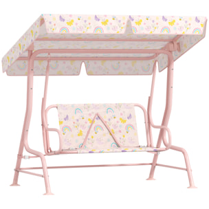 Columpio de Jardín Exterior para Niños de +3 Años Balancín de Jardín Exterior de 2 Plazas con Toldo Ajustable Arnés de Seguridad y Estampados Bonitos 112x75x120 cm Rosa