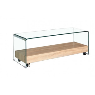 Meuble TV en verre trempé transparent avec étagère en bois - GLASS