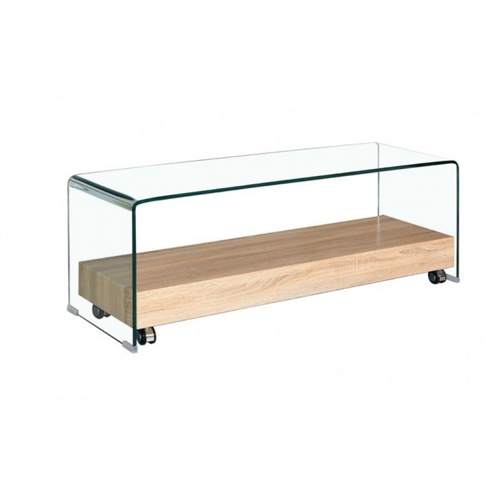 Meuble TV en verre trempé transparent avec étagère en bois - GLASS