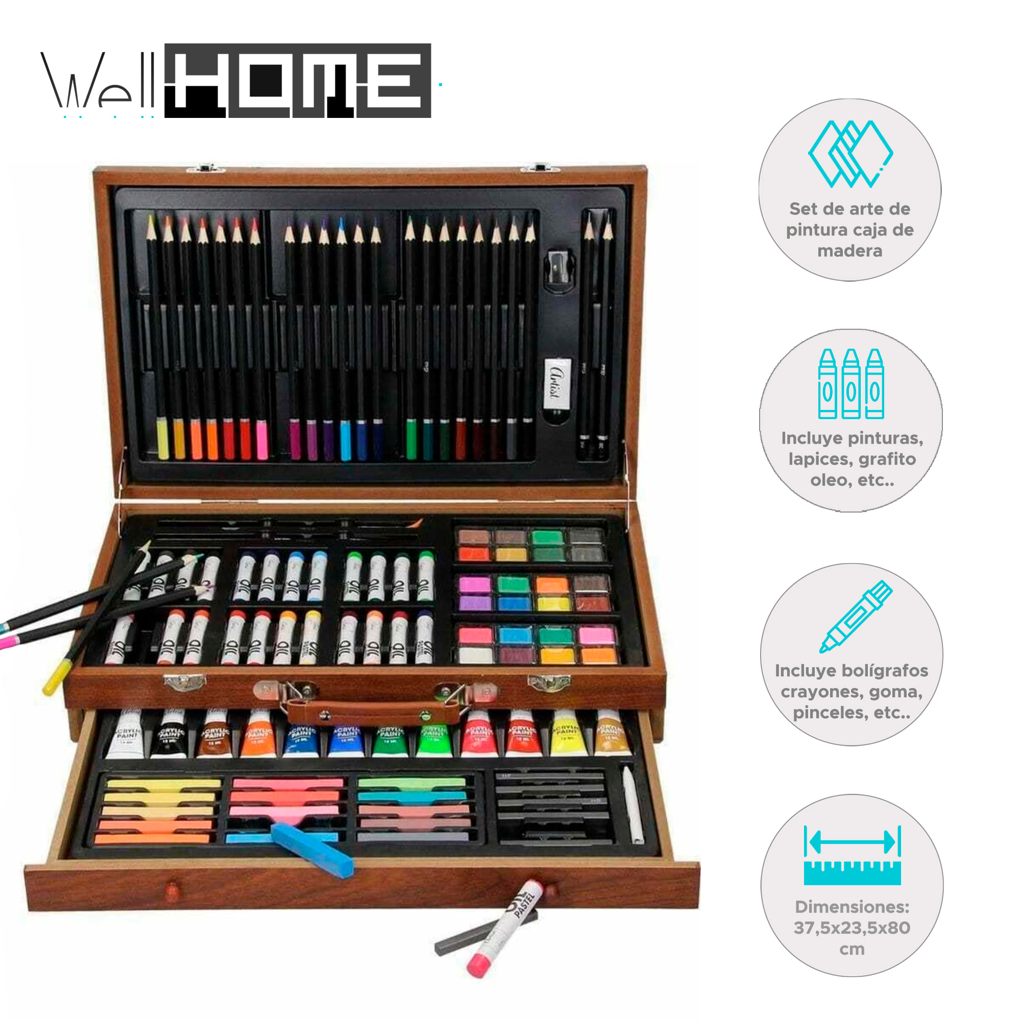 Set de arte de pintura en caja de madera con 112 piezas 37,5x8x23,5cm
