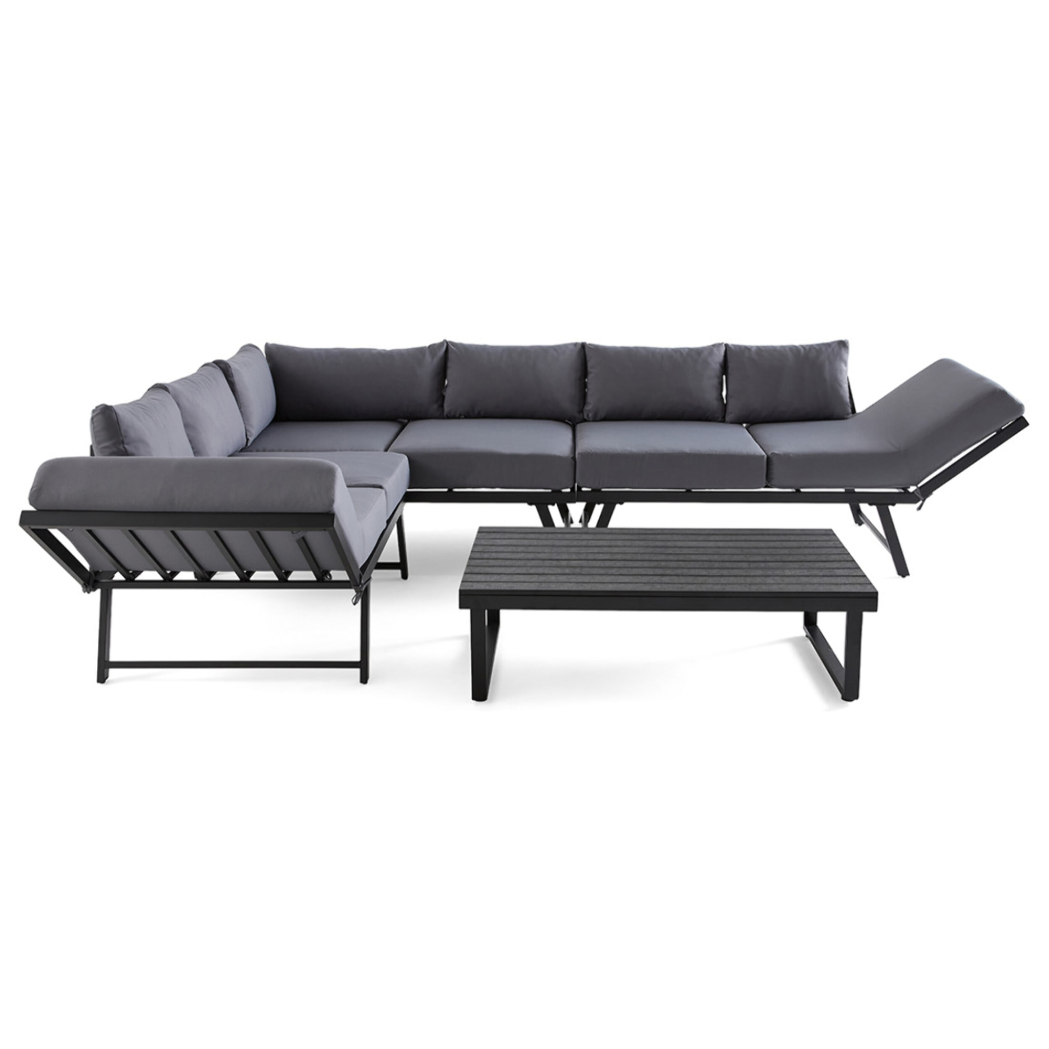 Konna - salon de jardin d'angle en acier noir - 5 places - coussin gris et table incluse - Noir / Gris