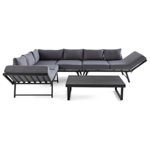 Konna - salon de jardin d'angle en acier noir - 5 places - coussin gris et table incluse - Noir / Gris