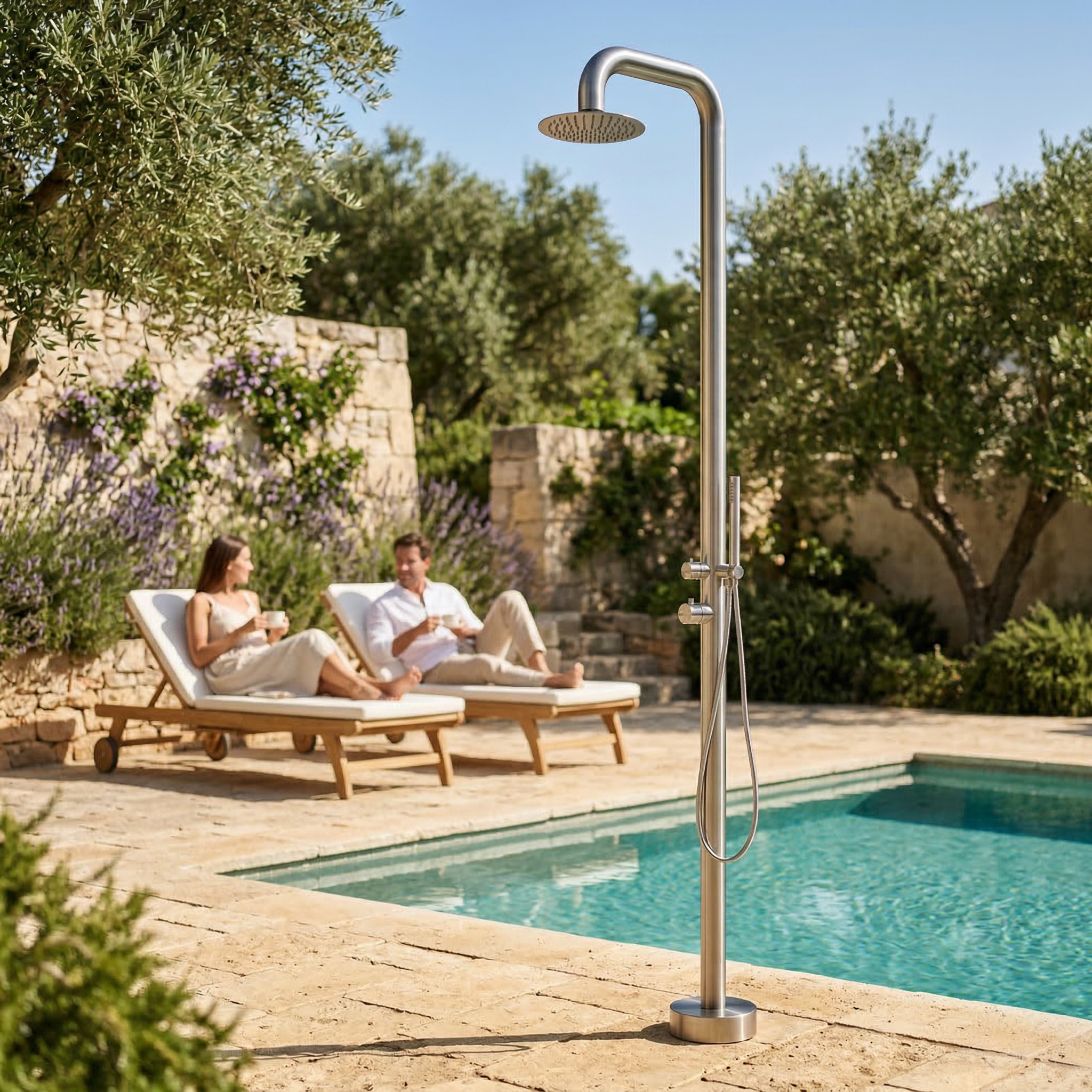 Douche extérieure acier inoxydable 316L, eau chaude/froide, tête de douche orientable 25 cm, douchette à main, brossé (TS1008)