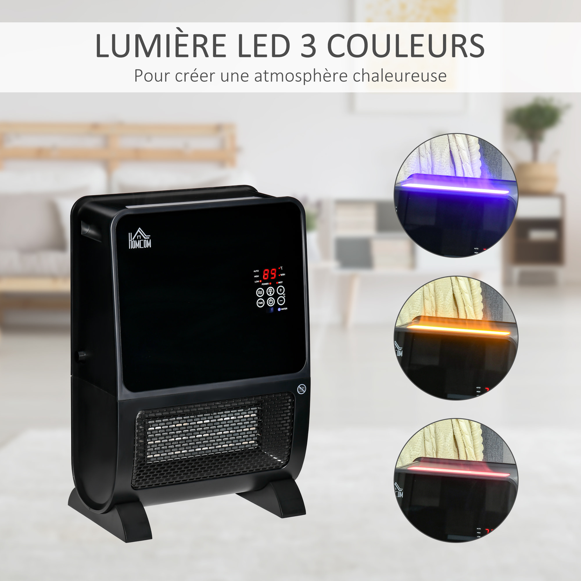 HOMCOM Chauffage humidificateur 2 en 1 avec éclairage LED 3 couleurs - chauffage soufflant 2000 W céramique PTC - 3 modes, timer - télécommande incluse - ABS noir