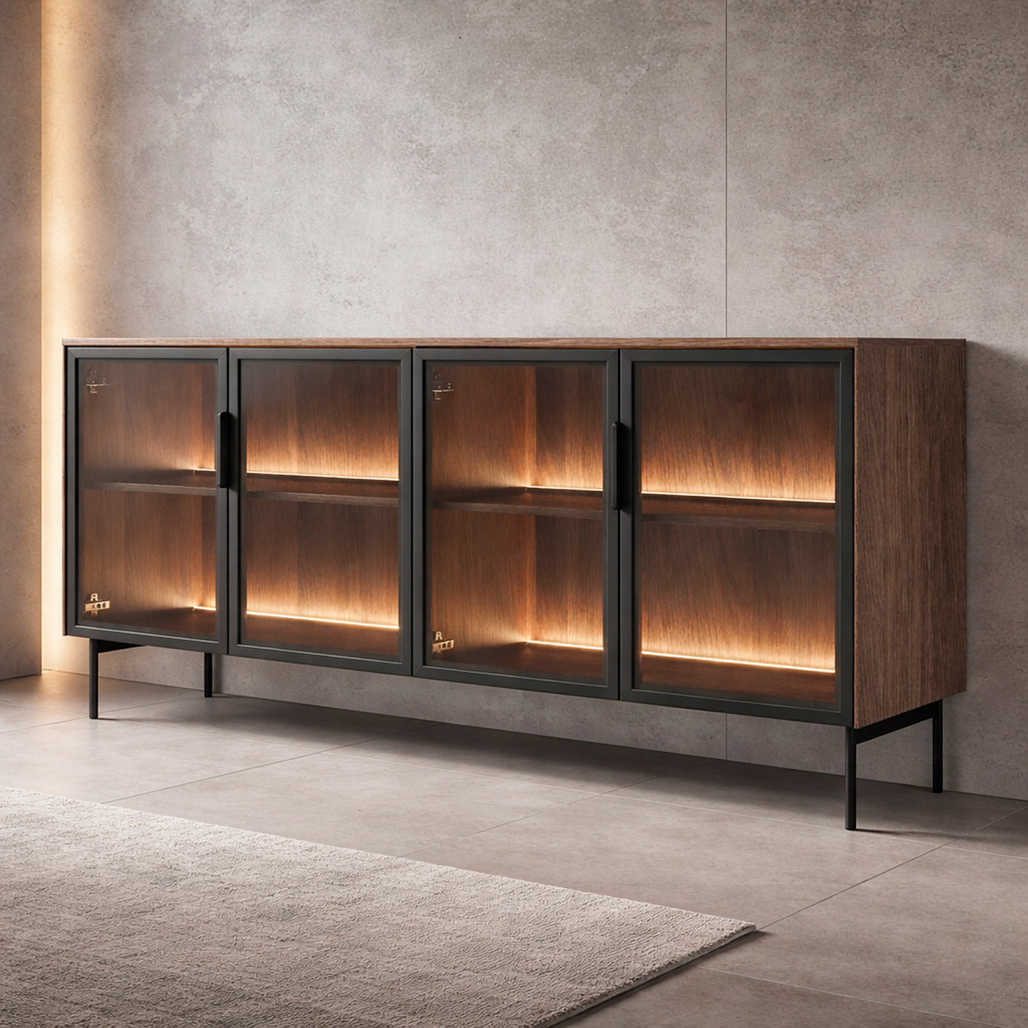 Credenza Madia Moderna 4 Ante In Vetro Illuminazione Led Interna In Melaminico Per Soggiorno Sala Da Pranzo 181.3 x 39.3 x 82.6 Cm Rovere Scuro