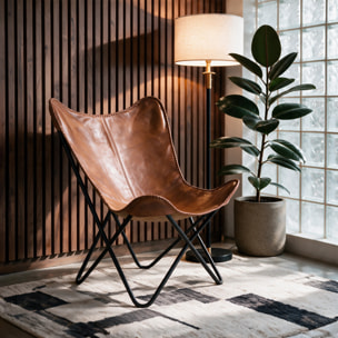 Fauteuil papillon en cuir de buffle marron - Octave