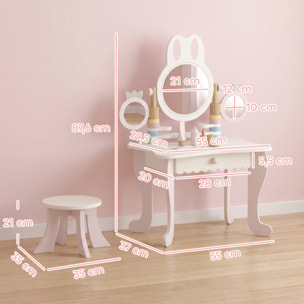 Tocador para Niñas, Tocador de Maquillaje Niñas con Taburete, Espejos Giratorios, Cajón, 6 Accesorios, Bandejas Laterales, Juguete para +3 Años, Rosa
