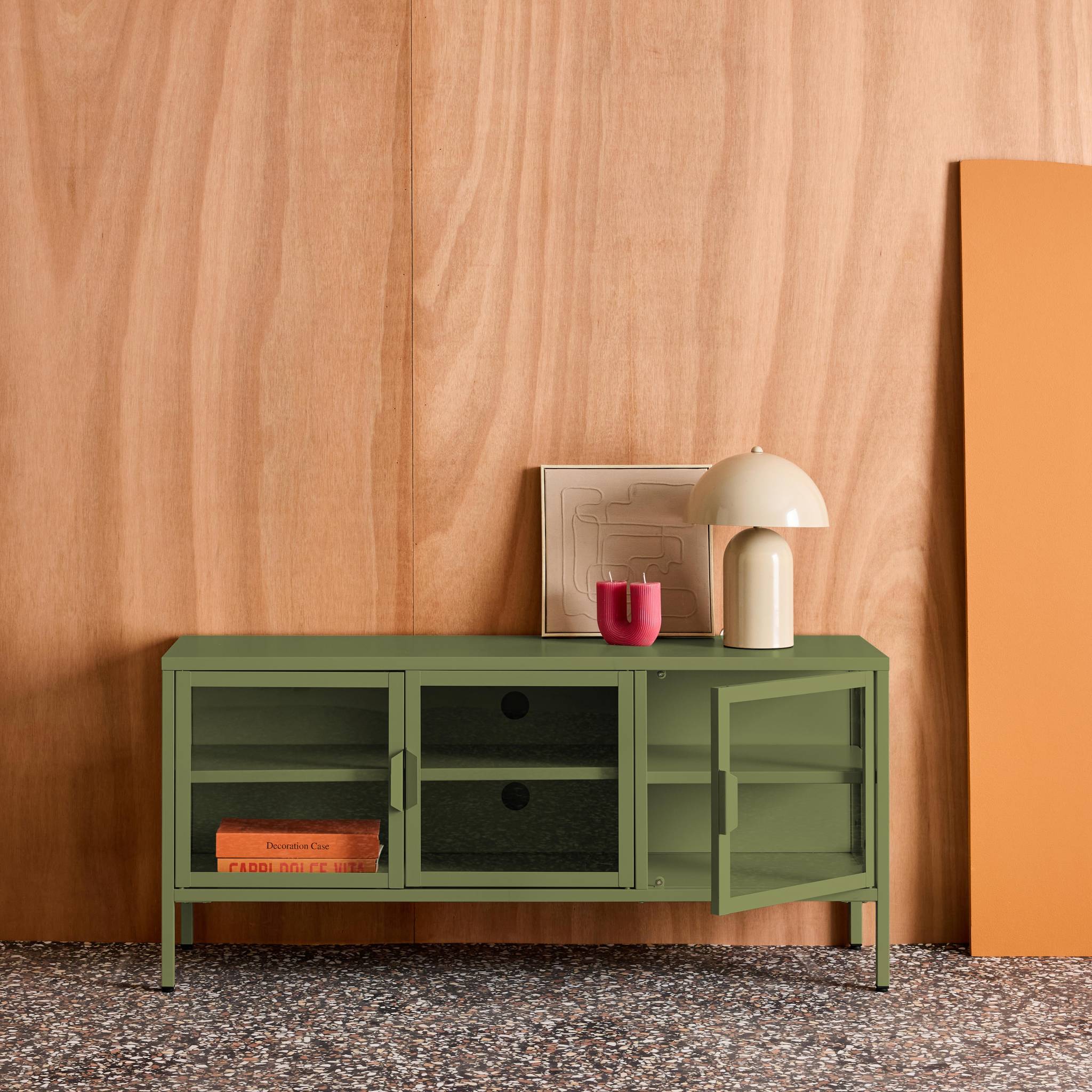 Meuble TV industriel métal et verre trempé 3 portes 120cm ARKANSAS