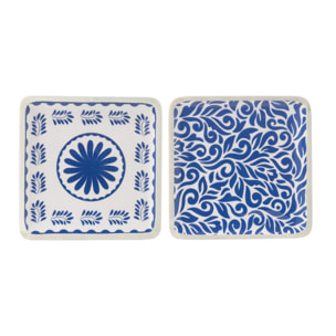 J-Line Plat Carre Motif Floral Bois De Manguier Bleu/Blanc Assortiment De 2